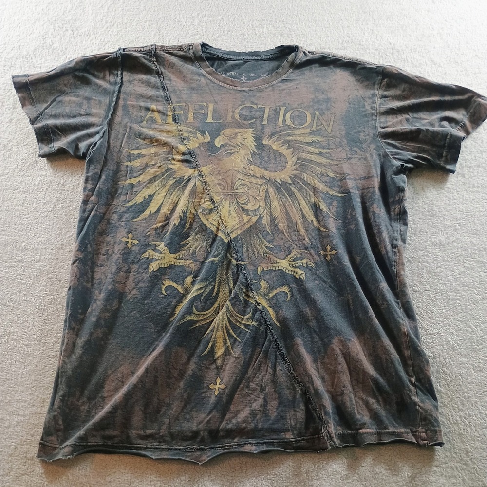 Affliction Mens Graphic T-Shirt Gray Medium Distressed Eagle Y2K Seam Detail